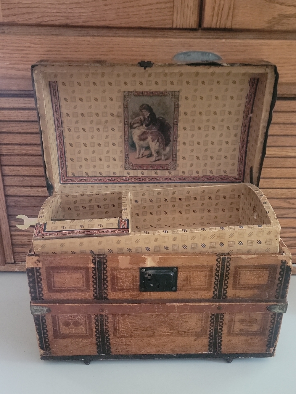 Vintage Decorative Wooden Doll Salesman Sample Trunk Box Dog Victorian Child
